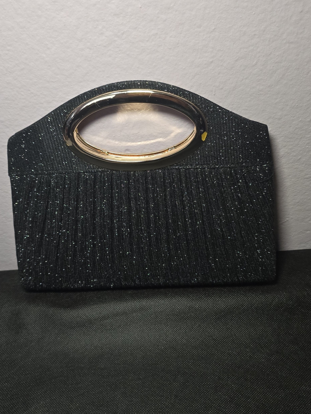 Black Glitter Oval-Handle Evening Clutch